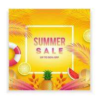 Summer sale vector poster summer elements in yellow backgrounds for store marketing promotion. Vector illustration.