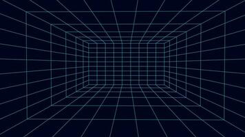 Perspective blue grid on a dark background. Futuristic vector illustration. Virtual reality framework. Background in the style of the 80s.