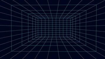 Perspective blue grid on a dark background. Futuristic vector illustration. Virtual reality framework. Background in the style of the 80s.