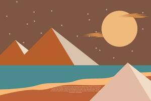 illustration of a minimalist landscape with a horizontal view of a mountain, moon and lake, suitable for wall art etc. flat design style. digital drawing vector