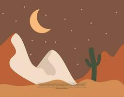 illustration of a minimalist landscape with a horizontal view of a mountain, moon and cactus, suitable for wall art etc. flat design style. digital drawing vector