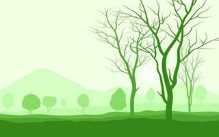 verde paisaje fondo, caduco árbol en el campo con montaña escena vector