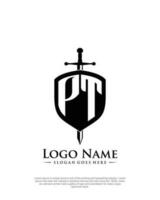 initial PT letter with shield style logo template vector