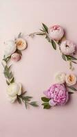 Mother's Day concept. Top view vertical photo of white empty circle fresh peony roses and sprinkles on isolated light pink background with blank space, generate ai