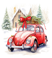 Cute Christmas watercolor retro car isolated. Illustration AI Generative png