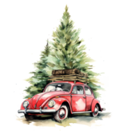 Cute Christmas watercolor retro car isolated. Illustration AI Generative png