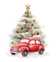 Cute Christmas watercolor retro car isolated. Illustration AI Generative png