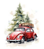 Cute Christmas watercolor retro car isolated. Illustration AI Generative png