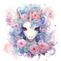 mignonne aquarelle Licorne. illustration ai génératif png