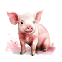 Cute watercolor pink pig isolated. Illustration AI Generative png