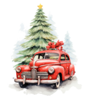 Cute Christmas watercolor retro car isolated. Illustration AI Generative png