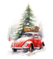Cute Christmas watercolor retro car isolated. Illustration AI Generative png