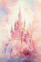 Cute watercolor princess castle. Illustration AI Generative photo