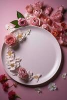 Mother's Day concept. Top view vertical photo of white empty circle fresh peony roses and sprinkles on isolated light pink background with blank space, generate ai