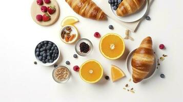 sano desayuno con harina de avena papilla, fresa, nueces, tostada, mermelada y té. parte superior vista, generar ai foto