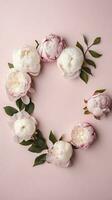 Mother's Day concept. Top view vertical photo of white empty circle fresh peony roses and sprinkles on isolated light pink background with blank space, generate ai