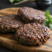 Tasty grilled hamburger patties with seasonings on wooden table, closeup, generate ai photo