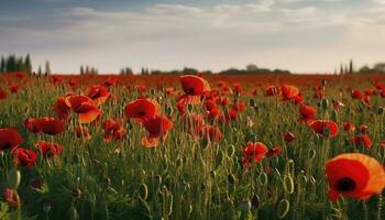 Anzac Day memorial poppies. Field of red poppy flowers to honour fallen veterans soldiers in battle of Anzac armistice day. Wildflowers blooming poppy field landscape, generate ai photo