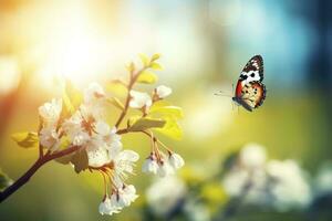 un mariposa sentado en flor y hoja, generar ai foto