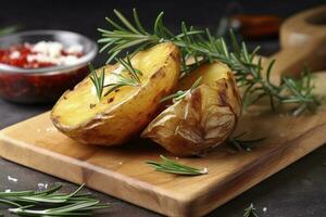 Tasty baked potato and aromatic rosemary served on wooden board, closeup, generate ai photo