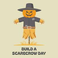 Scarecrow with pumpkin head wearing cowboy cap isolated vector illustration for Build a Scarecrow Day