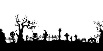 Halloween cemetery silhouette pumpkins and zombie vector