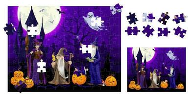 Halloween jigsaw puzzle with sorcerer and witch vector