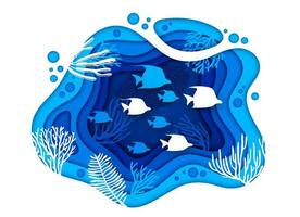 Underwater paper cut landscape with sea fish shoal vector