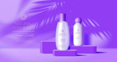 púrpura podio Bosquejo con productos cosméticos, planta sombra vector