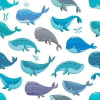 Cartoon whale characters seamless vector pattern