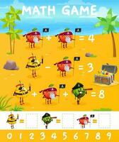 Cartoon funny fruits pirates, math game worksheet vector