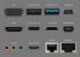 Connector and charge ports. Usb and vga, hdmi vector