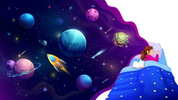 Sleeping kid girl and galaxy space background