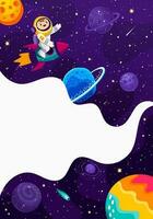 Space poster cartoon astronaut on rocket in galaxy vector