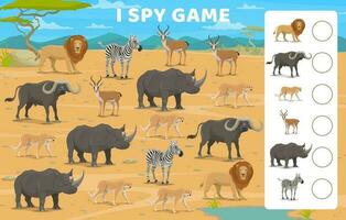 I spy game, cartoon african savannah animals vector