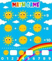 Math game worksheet with cartoon sun characters vector