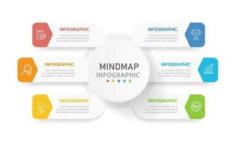 plantilla infográfica para negocios. Diagrama de mapa mental moderno de 6 pasos con temas rectangulares, infografía vectorial de presentación. vector