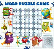 Word search game, stationery superhero characters vector