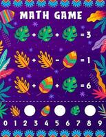 Math game worksheet with cartoon plant leaves vector