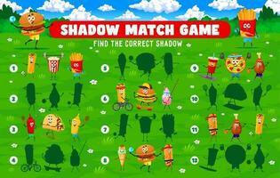 Shadow match game with cartoon fastfood characters vector