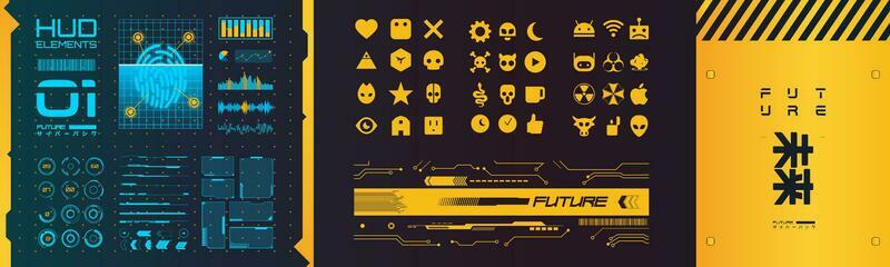 HUD Elements Collection in Cyberpunk Style. Frames, icons and dashboard pieces. Futuristic User interface pack. Video game parts bundle. Technology panel and screen settings charts.