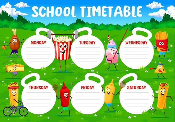 Timetable with fast food characters on sport
