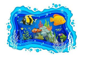 Cartoon tropical fish, sea paper cut underwater vector
