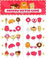Shadow match game, cartoon bakery sweets, desserts vector