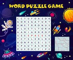 Word search puzzle game, cheerful astronaut, ufo vector