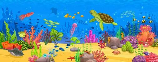 Cartoon underwater landscape with turtle, fishes vector