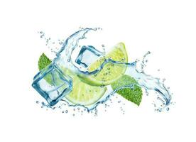 Mojito drink wave splash with lime, ice cubes vector