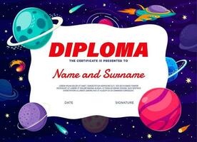 Kids diploma, cartoon space rocket, galaxy planets vector