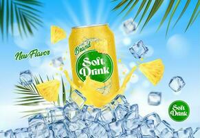 Pineapple drink can, fruit juice splash and ice vector
