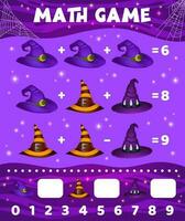 Math game worksheet cartoon witch and wizard hats vector